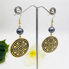 Hawaiian Round Rune Earrings In Silver/Gold Sustained With A Petrol Pearl