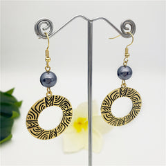 Hawaiian Carved Round Rune Earrings In Silver/Gold Sustained With A Petrol Pearl