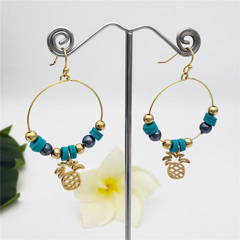 Round Earrings With Cerulean Blue Replacement Counters And Petrol Pearls+Golden Beads Sustained With Pineapple Charm