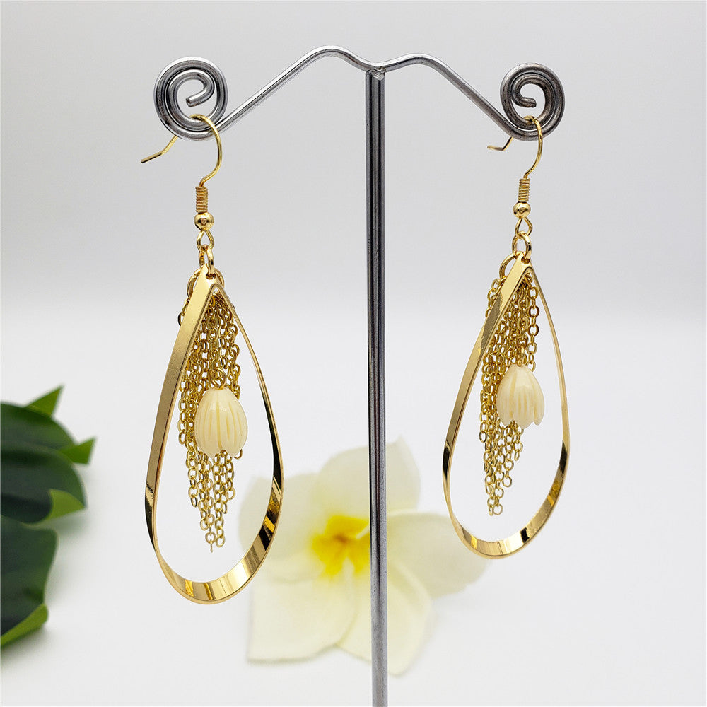 Teardrop Shaped Earrings With Multi Chain Drops And Light Silver Pearl Or Ivory Color Pikake Flower Bead