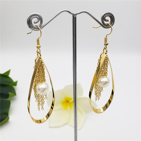 Teardrop Shaped Earrings With Multi Chain Drops And Light Silver Pearl Or Ivory Color Pikake Flower Bead