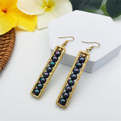 Carved Bar Drop Earrings Filled With Metallic Green-Purple Pearls And A Golden Bead