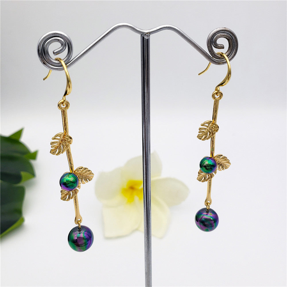 Hawaiian Monstera Leaf Branch Earrings With Metallic Green-Purple Pearls