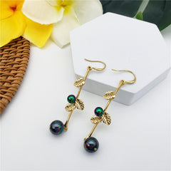 Hawaiian Monstera Leaf Branch Earrings With Metallic Green-Purple Pearls