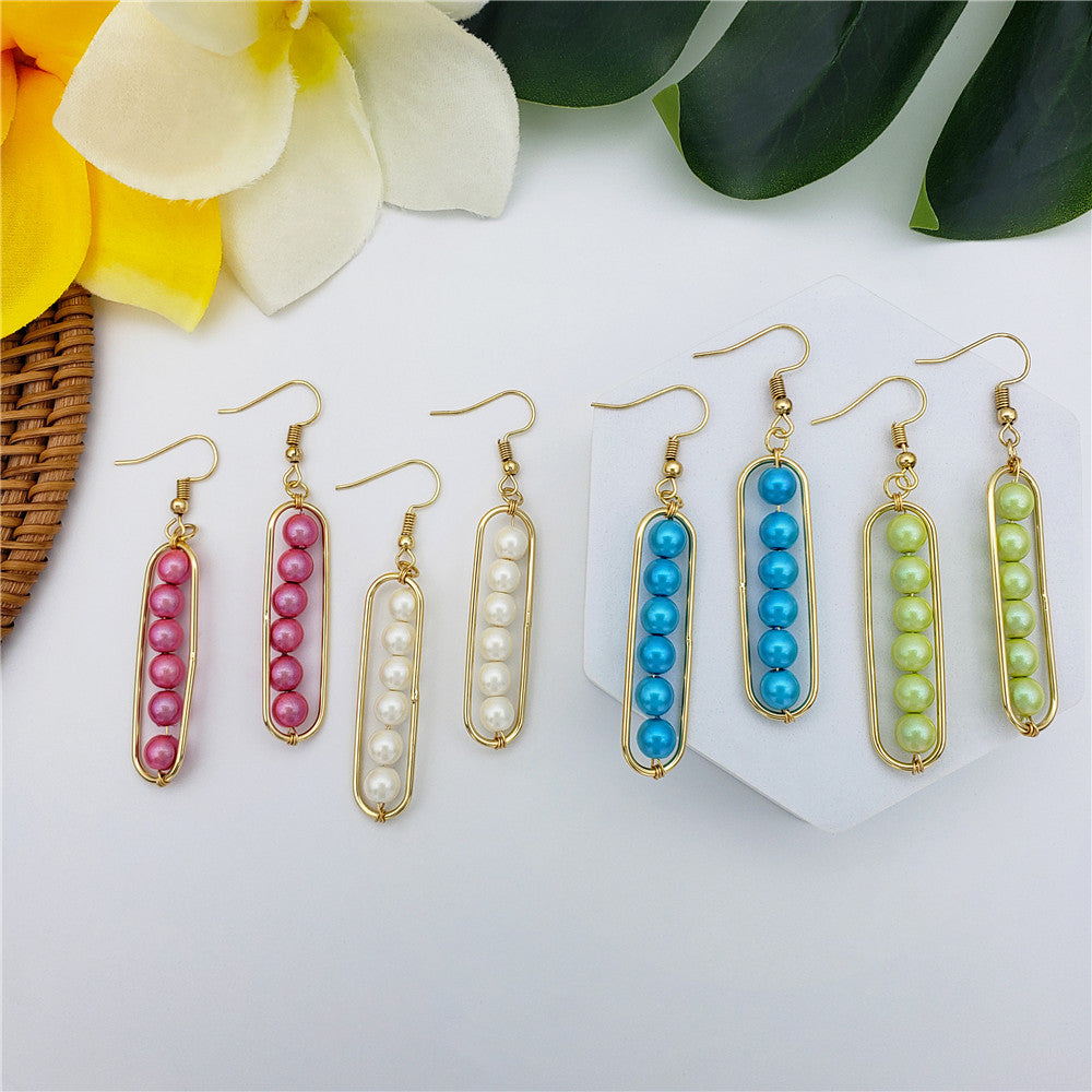 Rectangle Earrings With Pearls Drop In Different Colors