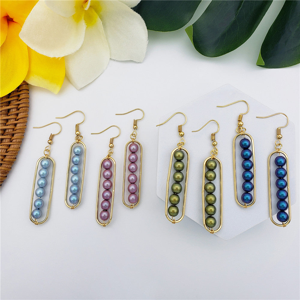 Rectangle Earrings With Pearls Drop In Different Colors