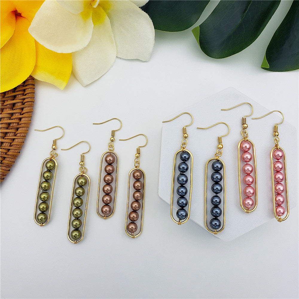 Rectangle Earrings With Pearls Drop In Different Colors