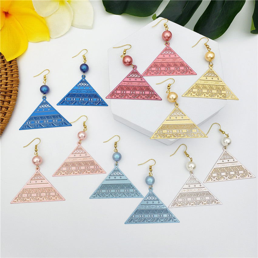 Carved Pyramid Earrings Sustained With A Pearl In Different Colors