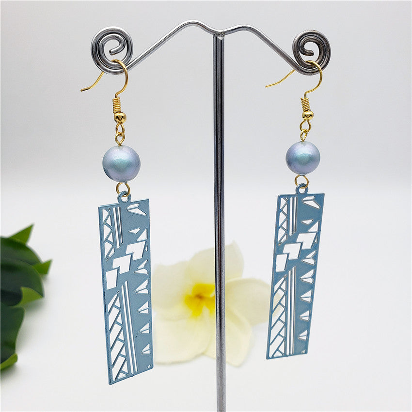 Hawaiian Geometric Carved Rectangle Earrings Sustained With A Pearl in Different Colors