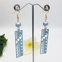 Hawaiian Geometric Carved Rectangle Earrings Sustained With A Pearl in Different Colors