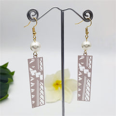 Hawaiian Geometric Carved Rectangle Earrings Sustained With A Pearl in Different Colors