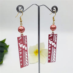 Hawaiian Geometric Carved Rectangle Earrings Sustained With A Pearl in Different Colors