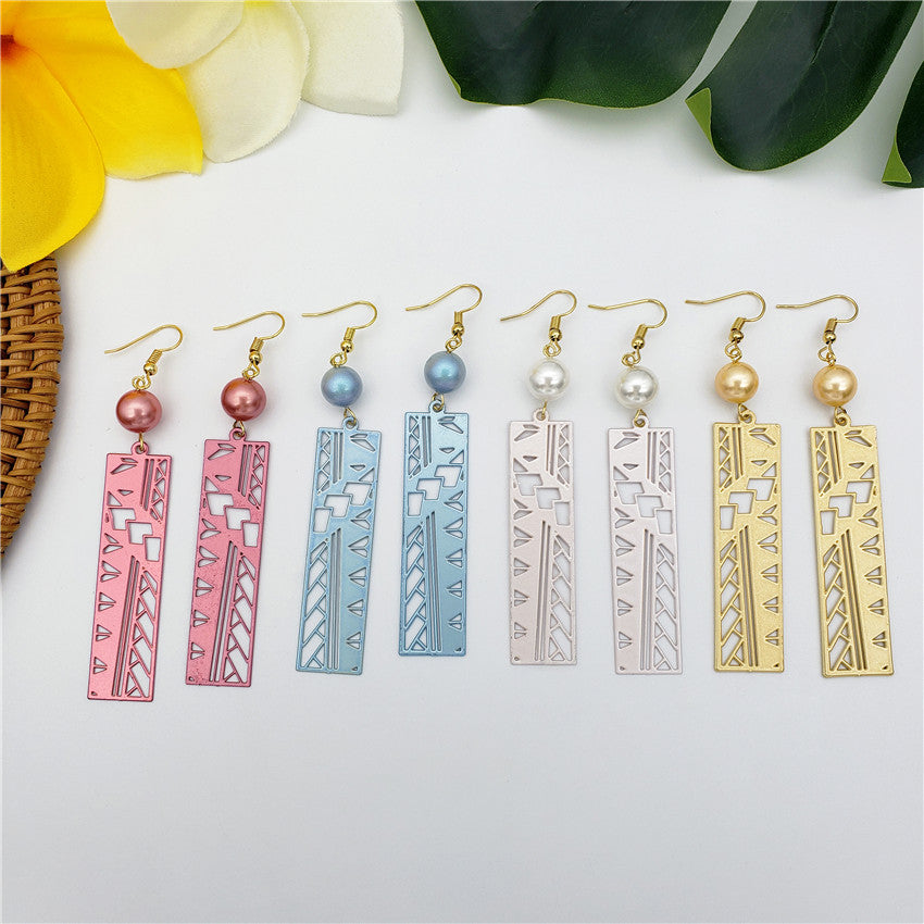 Hawaiian Geometric Carved Rectangle Earrings Sustained With A Pearl in Different Colors