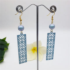 Hawaiian Botanical Carved Rectangle Earrings Sustained With A Pearl in Different Colors