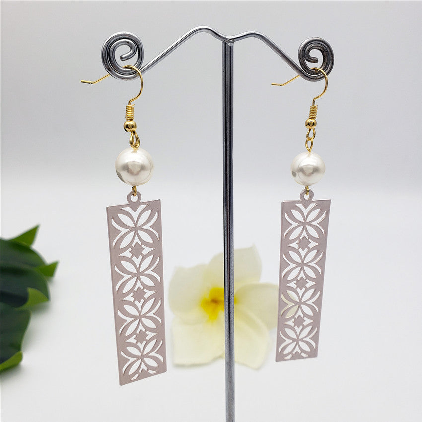 Hawaiian Botanical Carved Rectangle Earrings Sustained With A Pearl in Different Colors