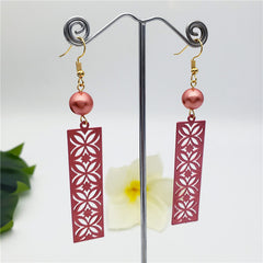 Hawaiian Botanical Carved Rectangle Earrings Sustained With A Pearl in Different Colors