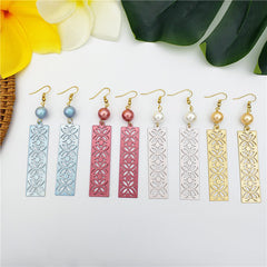 Hawaiian Botanical Carved Rectangle Earrings Sustained With A Pearl in Different Colors