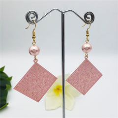 Square Shaped Carved Flowers & Leaves Hawaiian Earrings Sustained With A Pearl