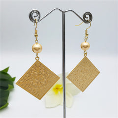 Square Shaped Carved Flowers & Leaves Hawaiian Earrings Sustained With A Pearl