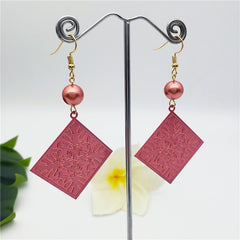 Square Shaped Carved Flowers & Leaves Hawaiian Earrings Sustained With A Pearl