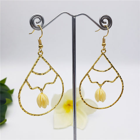 Teardrop Shaped Earrings In 2 Different Styles Sustained With Ivory Color Pikake Flower Beads