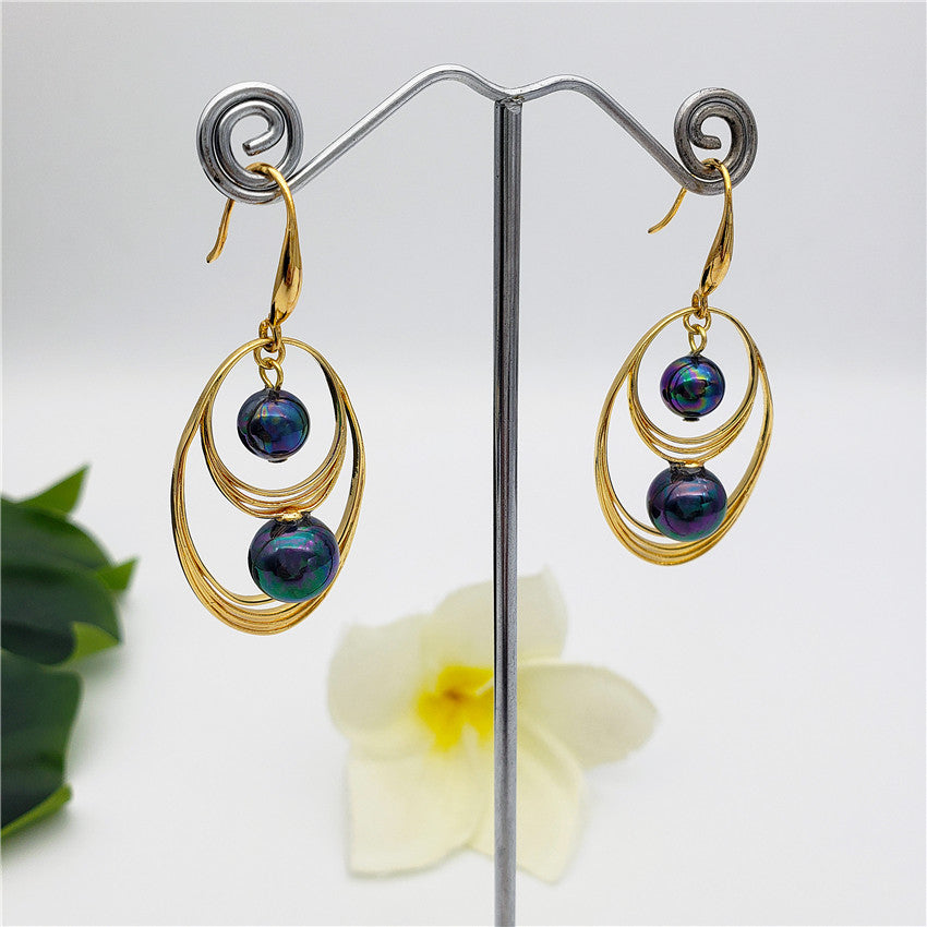 Double Egg Hoop Dangle Earrings Sustained With Double Metallic Green-Purple Pearl