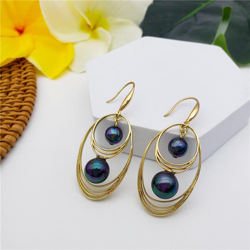 Double Egg Hoop Dangle Earrings Sustained With Double Metallic Green-Purple Pearl