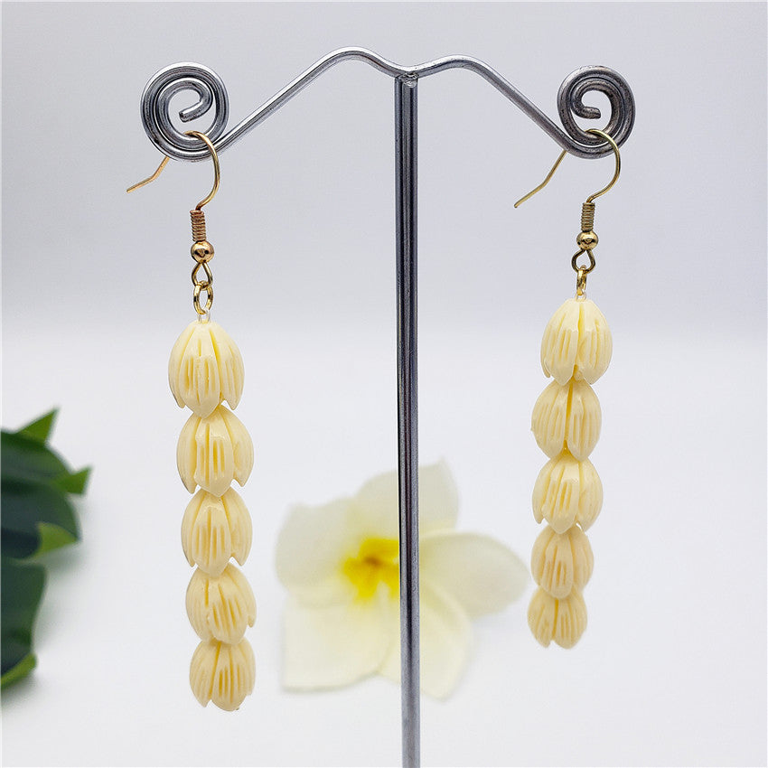 Hawaiian Ivory Color Pikake Flower Beads Drop Earrings