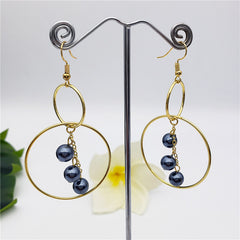 Double Round Hook Earrings With Chain Of Pearls In Different Colors