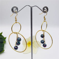 Double Round Hook Earrings With Chain Of Pearls In Different Colors