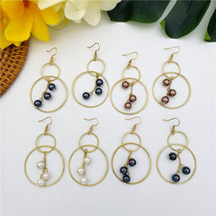 Double Round Hook Earrings With Chain Of Pearls In Different Colors