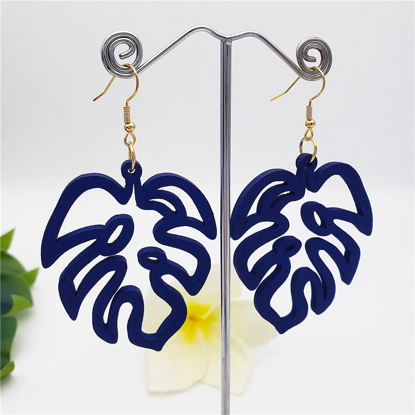 Hawaiian Wooden Monstera Leaf Earrings In Different Colors