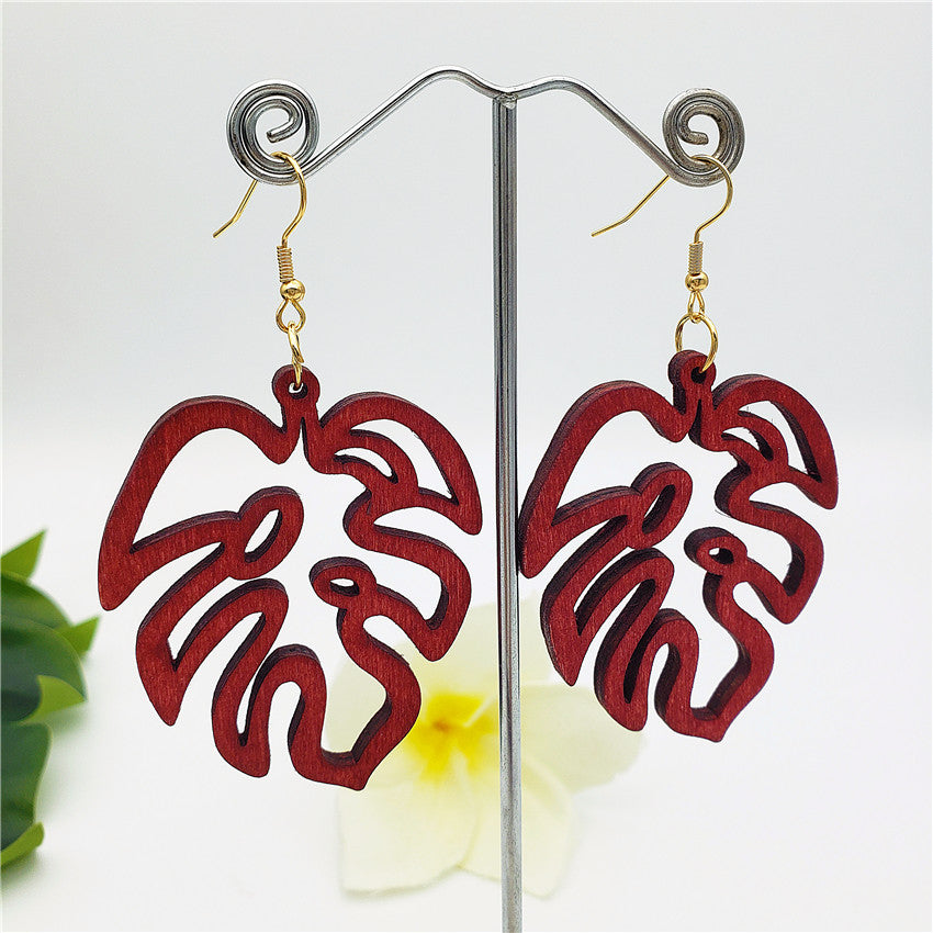 Hawaiian Wooden Monstera Leaf Earrings In Different Colors