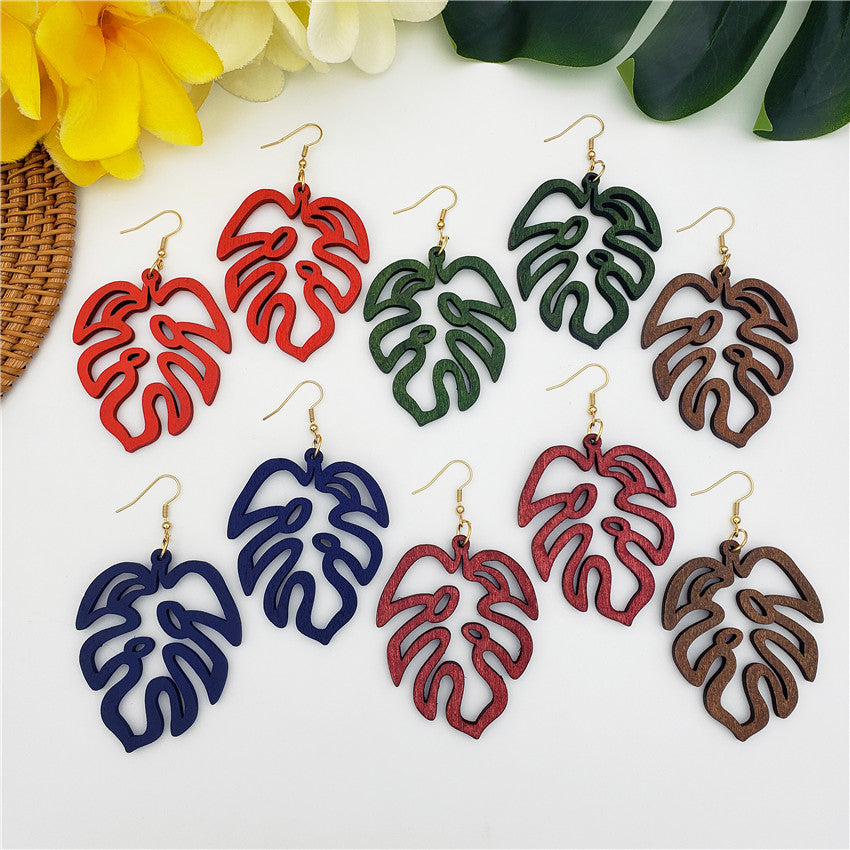 Hawaiian Wooden Monstera Leaf Earrings In Different Colors