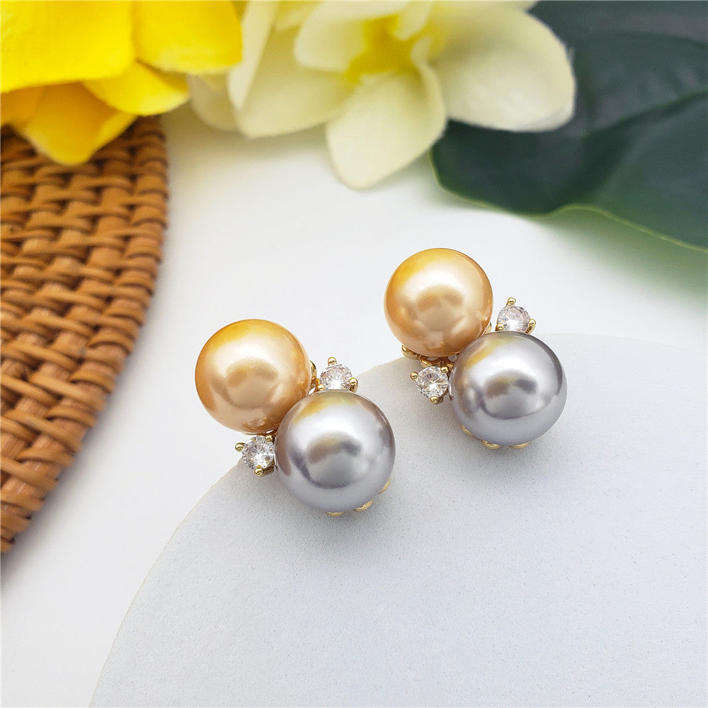 Double Pearl Stud Earrings In 3 Different Colors With White Zircons