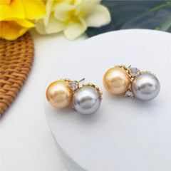 Double Pearl Stud Earrings In 3 Different Colors With White Zircons