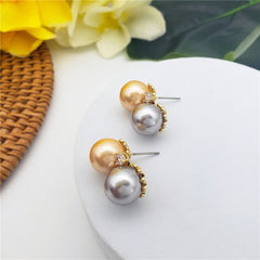 Double Pearl Stud Earrings In 3 Different Colors With White Zircons