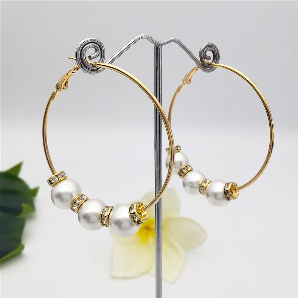 Large Hoop Earrings With White Zircon Disc Beads And Pearls In Different Styles And Colors