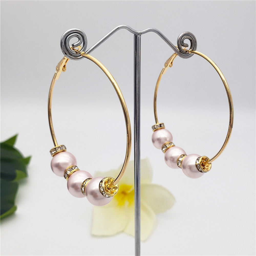 Large Hoop Earrings With White Zircon Disc Beads And Pearls In Different Styles And Colors