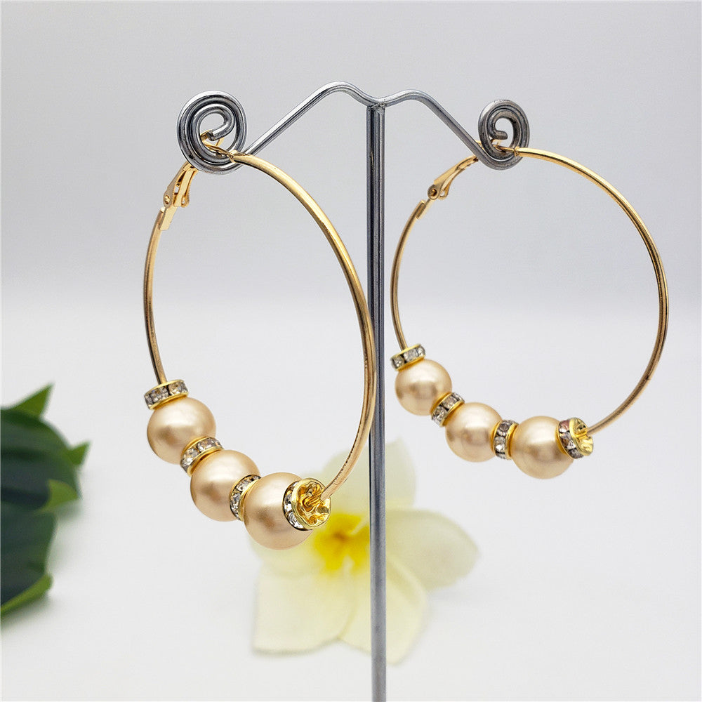 Large Hoop Earrings With White Zircon Disc Beads And Pearls In Different Styles And Colors