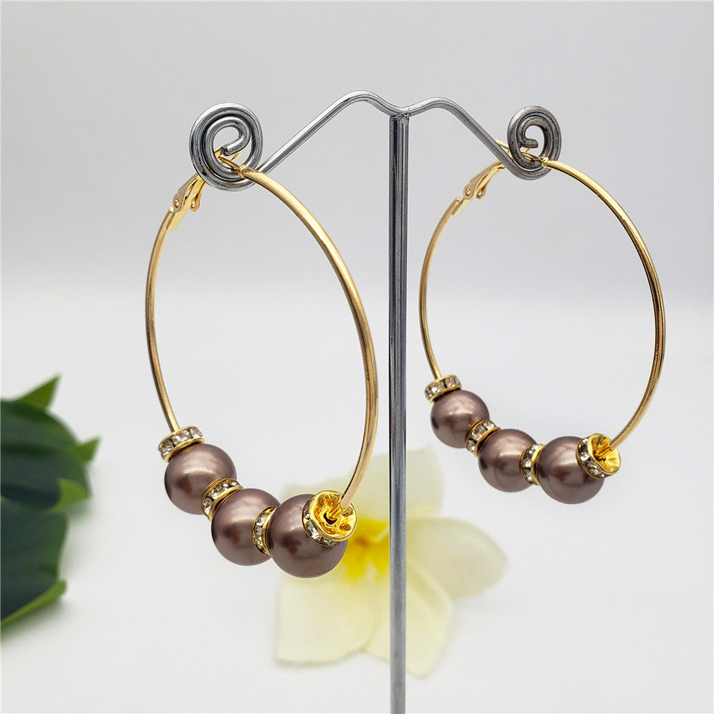 Large Hoop Earrings With White Zircon Disc Beads And Pearls In Different Styles And Colors