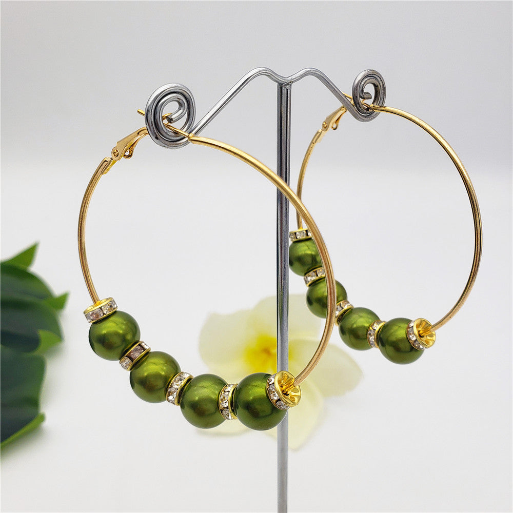 Large Hoop Earrings With White Zircon Disc Beads And Pearls In Different Styles And Colors