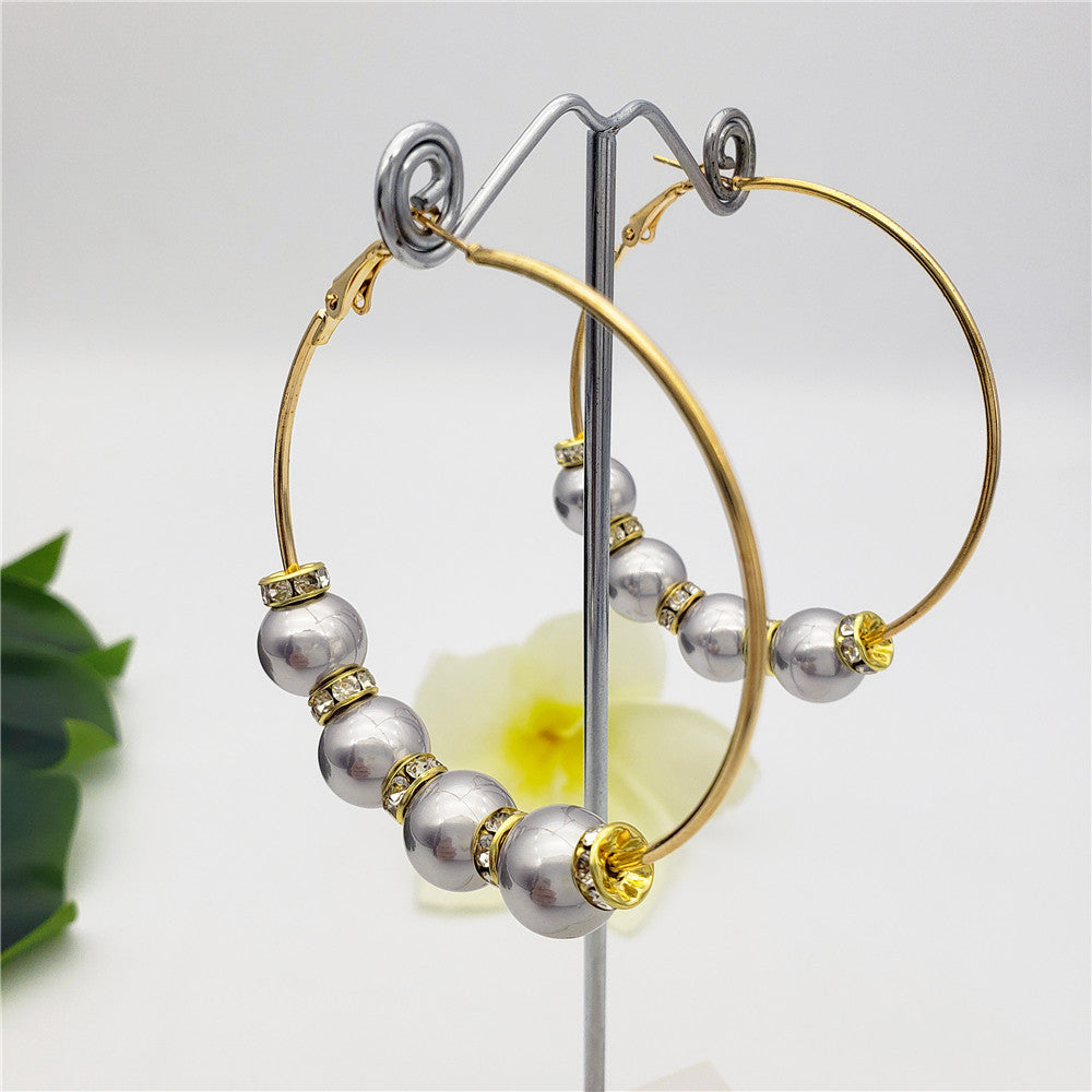 Large Hoop Earrings With White Zircon Disc Beads And Pearls In Different Styles And Colors