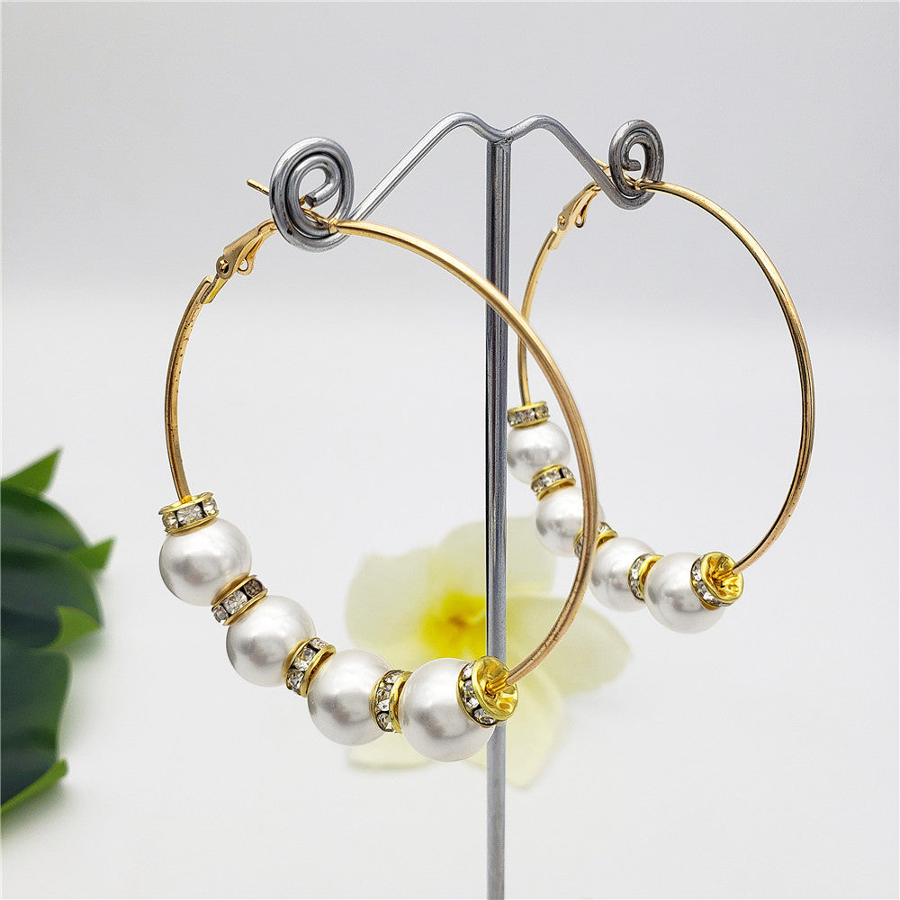 Large Hoop Earrings With White Zircon Disc Beads And Pearls In Different Styles And Colors