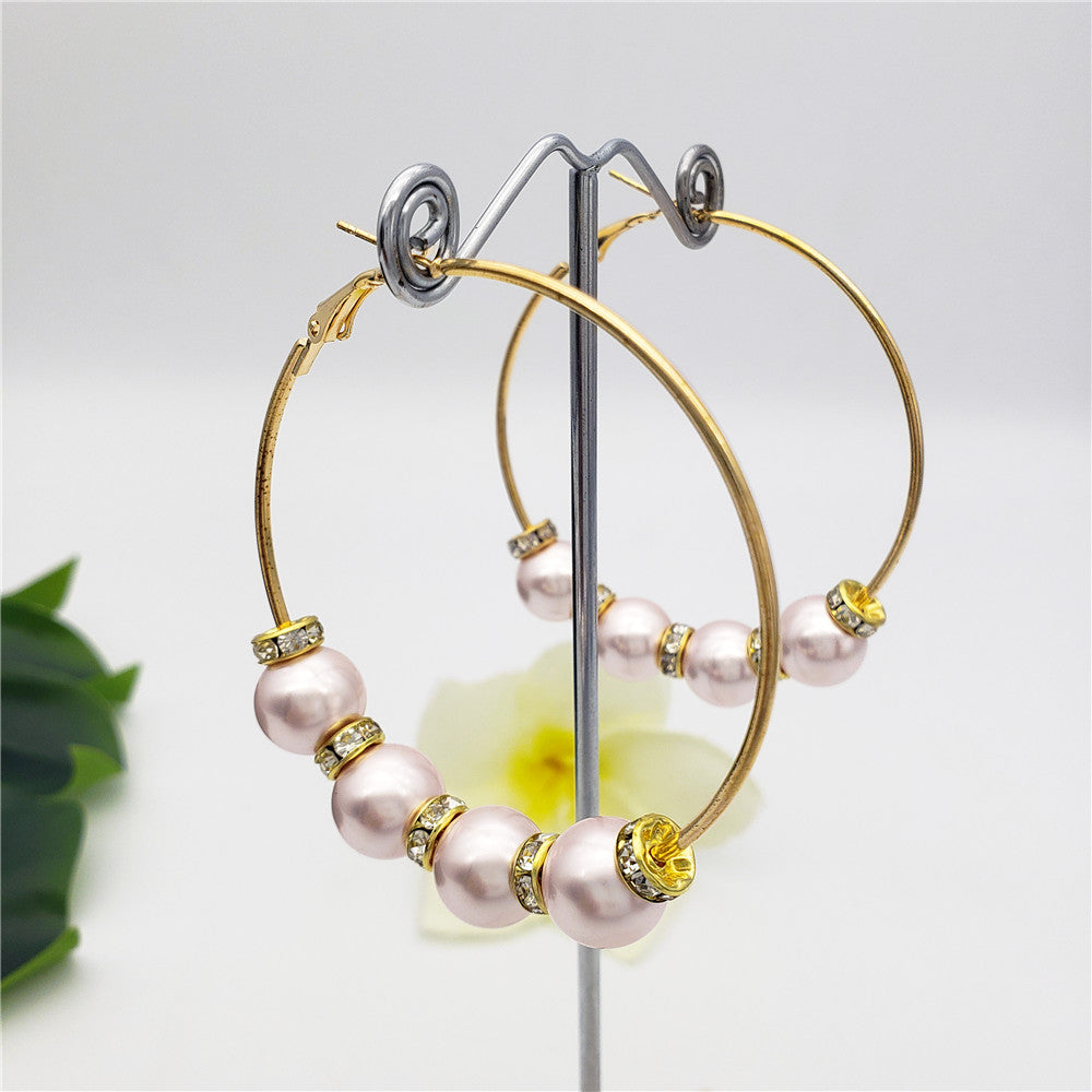 Large Hoop Earrings With White Zircon Disc Beads And Pearls In Different Styles And Colors