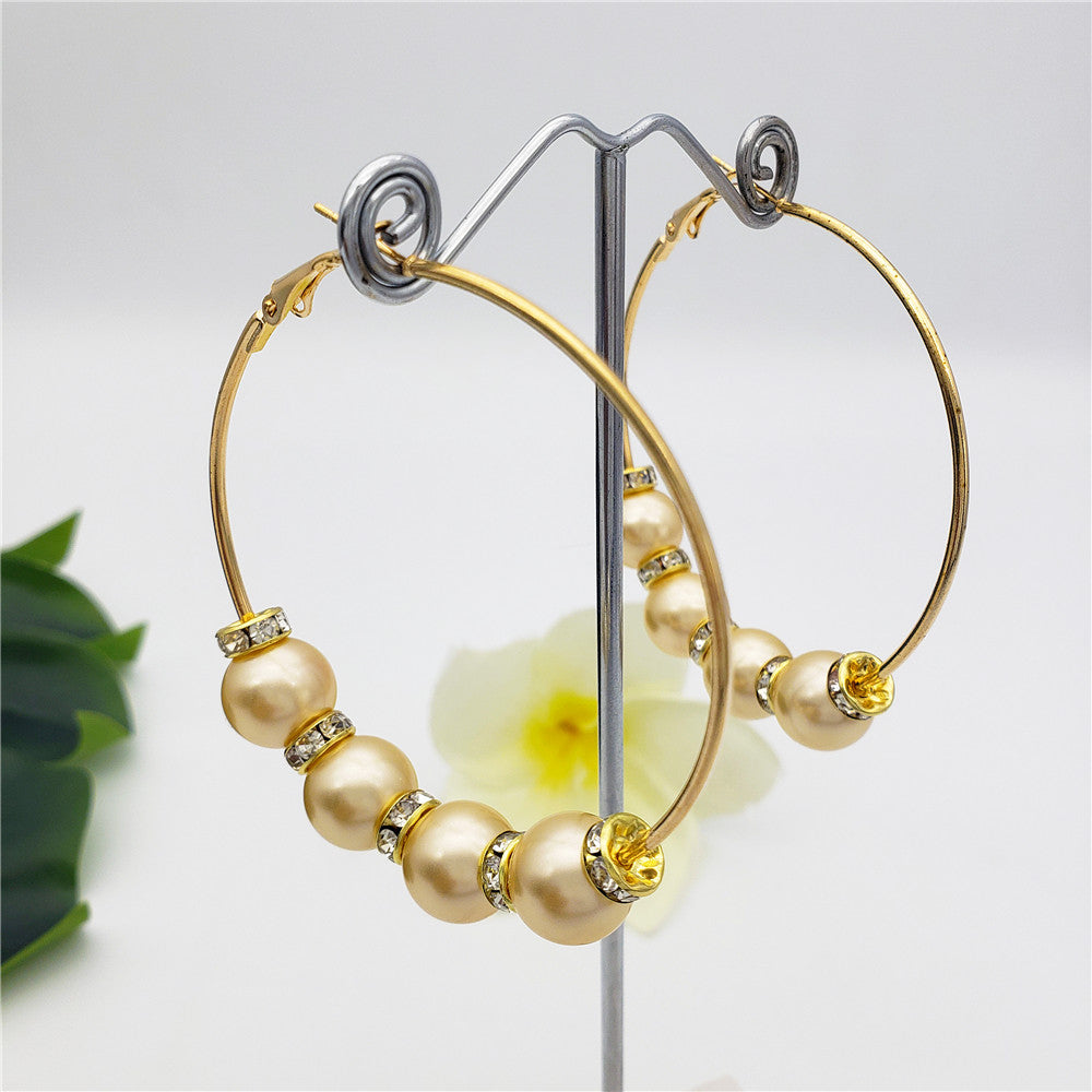 Large Hoop Earrings With White Zircon Disc Beads And Pearls In Different Styles And Colors