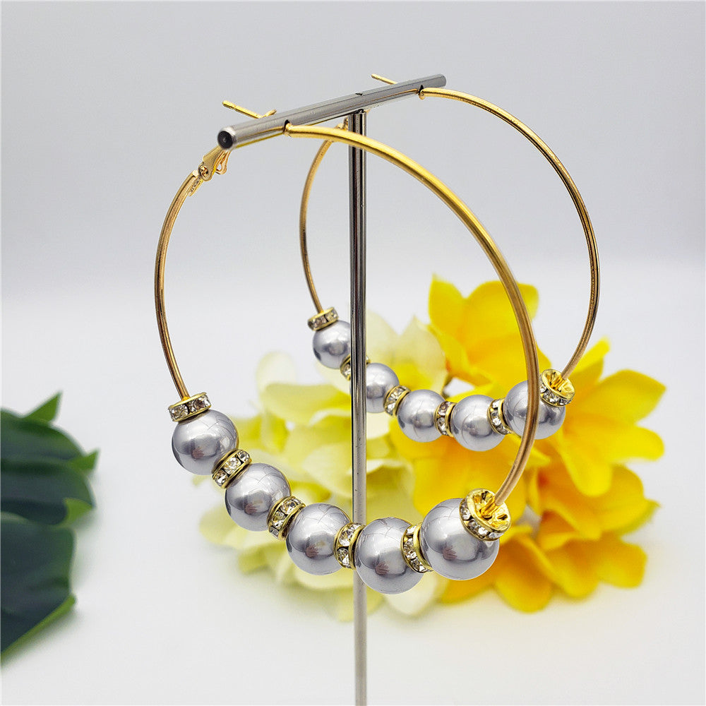 Large Hoop Earrings With White Zircon Disc Beads And Pearls In Different Styles And Colors