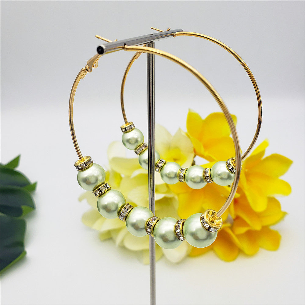 Large Hoop Earrings With White Zircon Disc Beads And Pearls In Different Styles And Colors