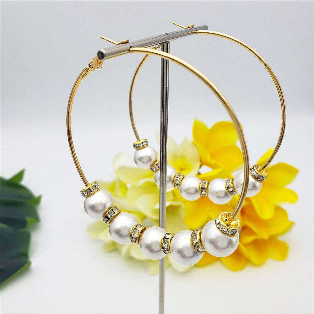 Large Hoop Earrings With White Zircon Disc Beads And Pearls In Different Styles And Colors