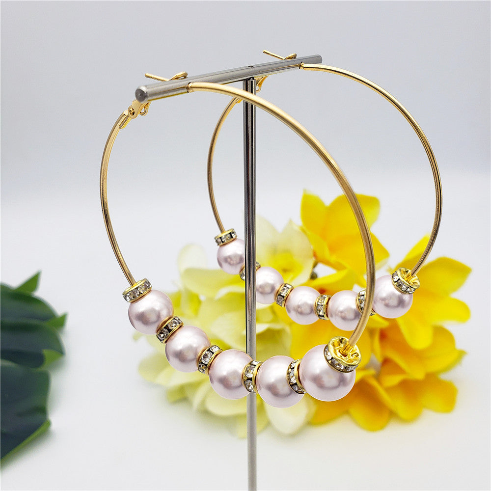 Large Hoop Earrings With White Zircon Disc Beads And Pearls In Different Styles And Colors